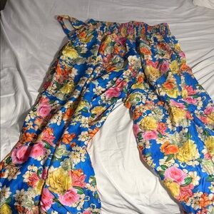 Johnny Was Blue Floral Wide-Leg Pants with Multicolor Roses